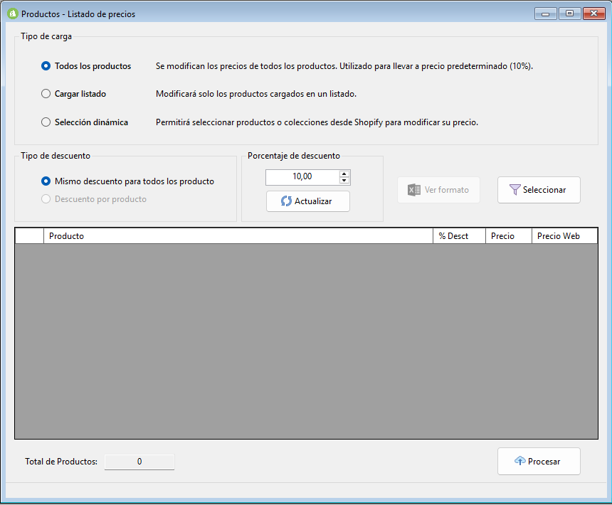 Carga masiva de precios